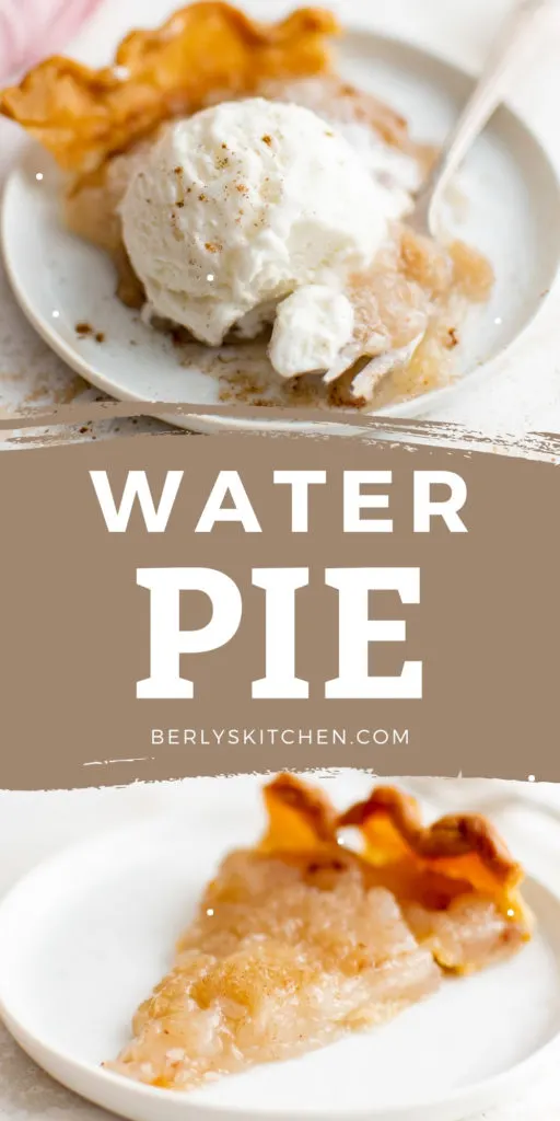 Two photos of water pie in a collage.