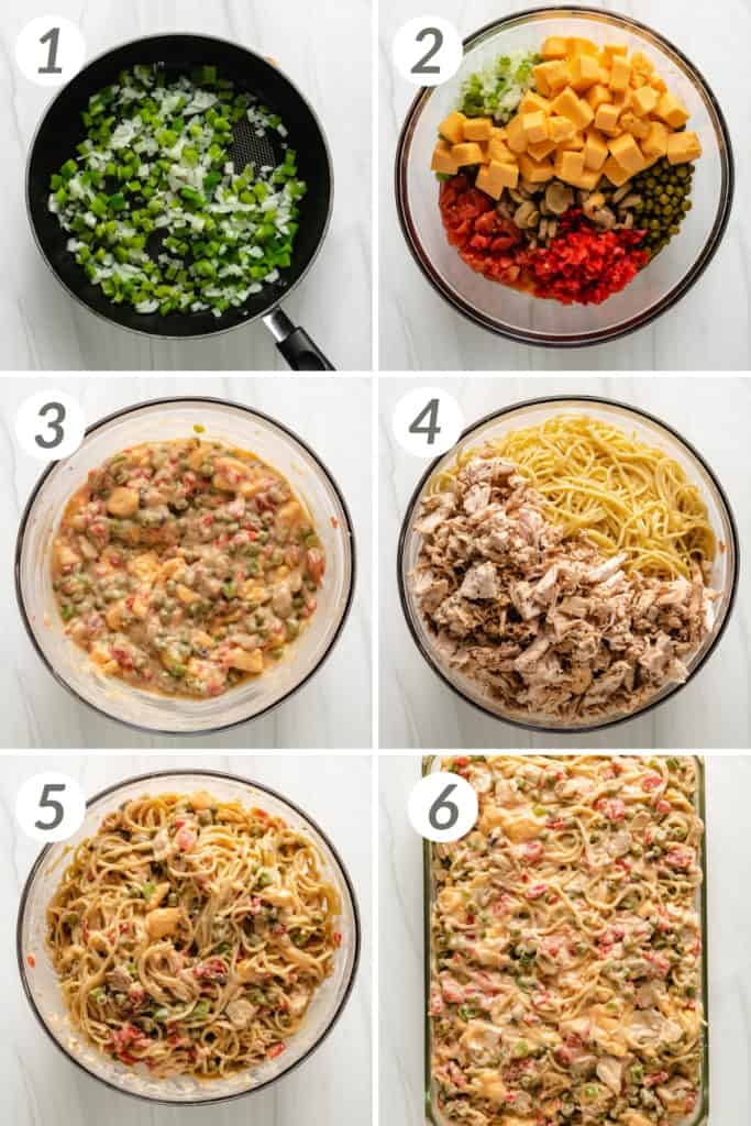 Collage showing how to make chicken spaghetti.