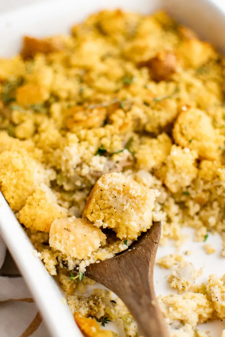 Southern Cornbread Dressing Recipe Pan of cornbread dressing.