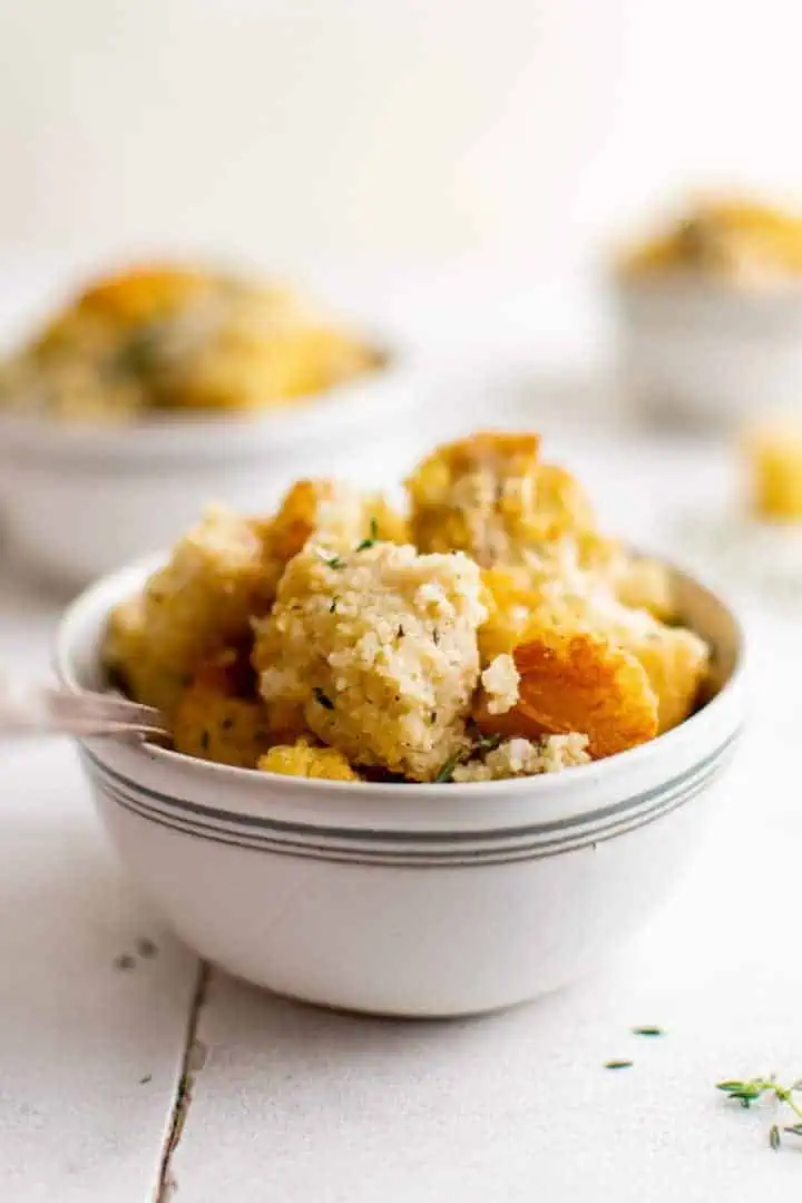 Southern Cornbread Dressing Recipe Bowl of cornbread dressing.