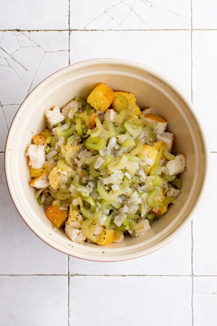 Southern Cornbread Dressing Recipe Ingredients for cornbread stuffing in a bowl.