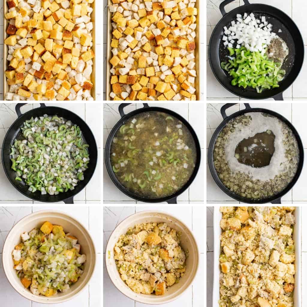 Collage showing how to make cornbread dressing.