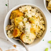 Top down view of a serving of cornbread dressing.