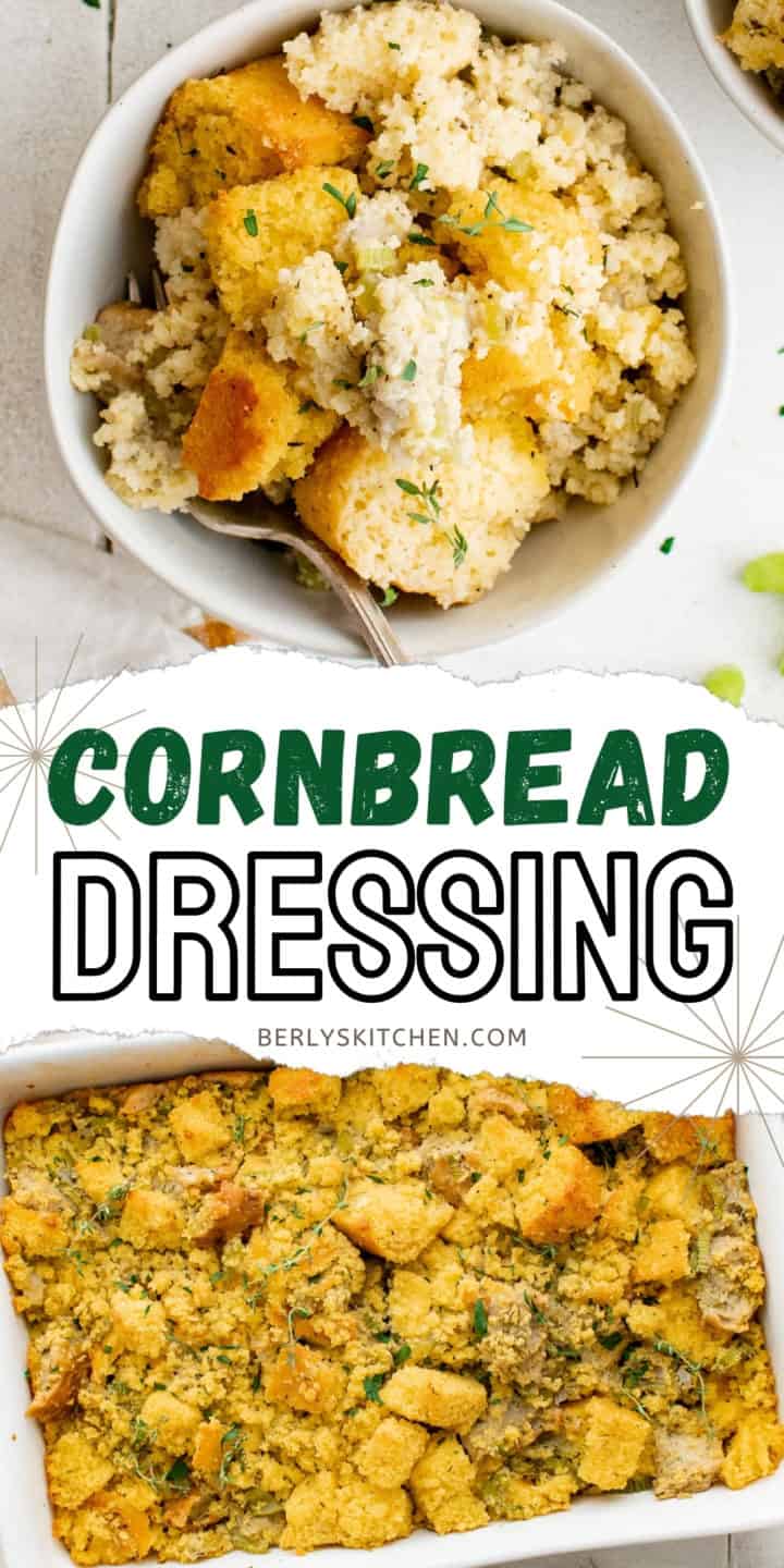 Two photos of cornbread dressing in a collage.