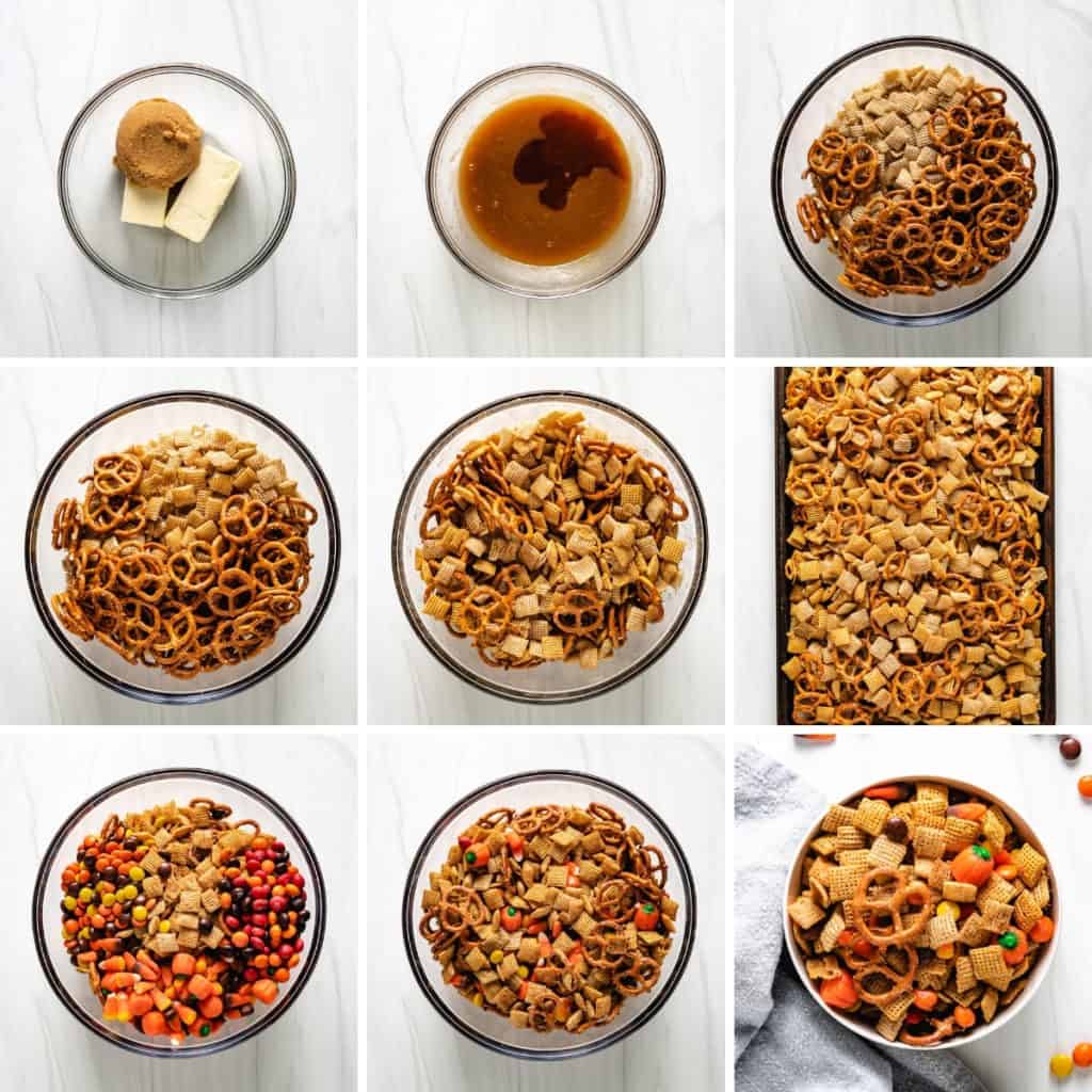 Collage showing how to make Halloween snack mix.