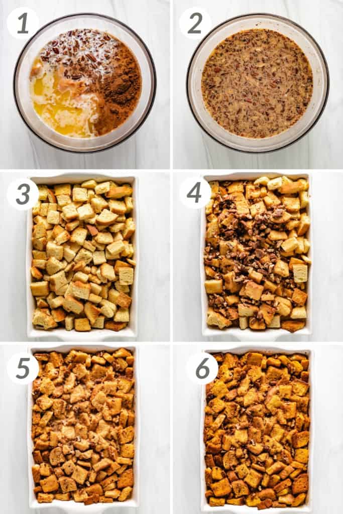 Collage showing how to make pumpkin bread pudding.