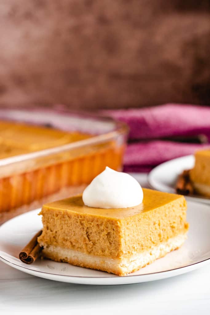 Pumpkin cheesecake bar with whipped cream.