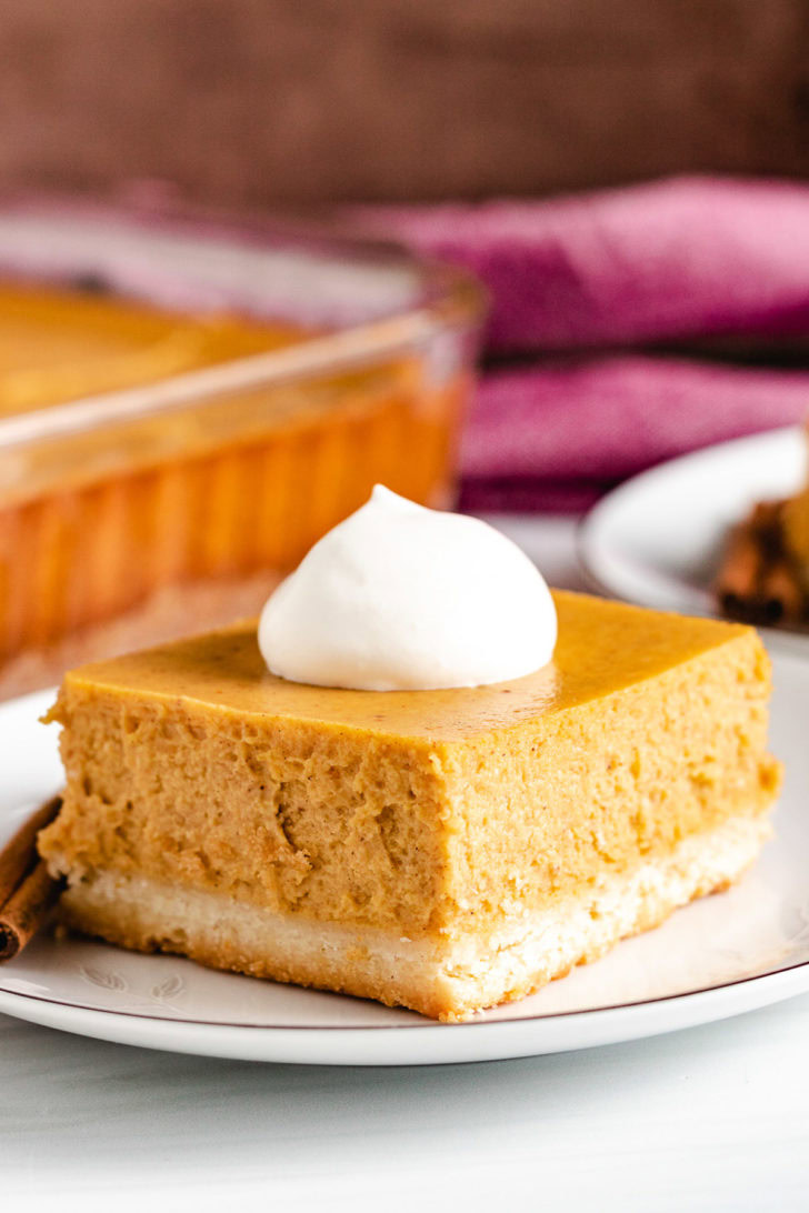 Pumpkin cheesecake bar with whipped cream.