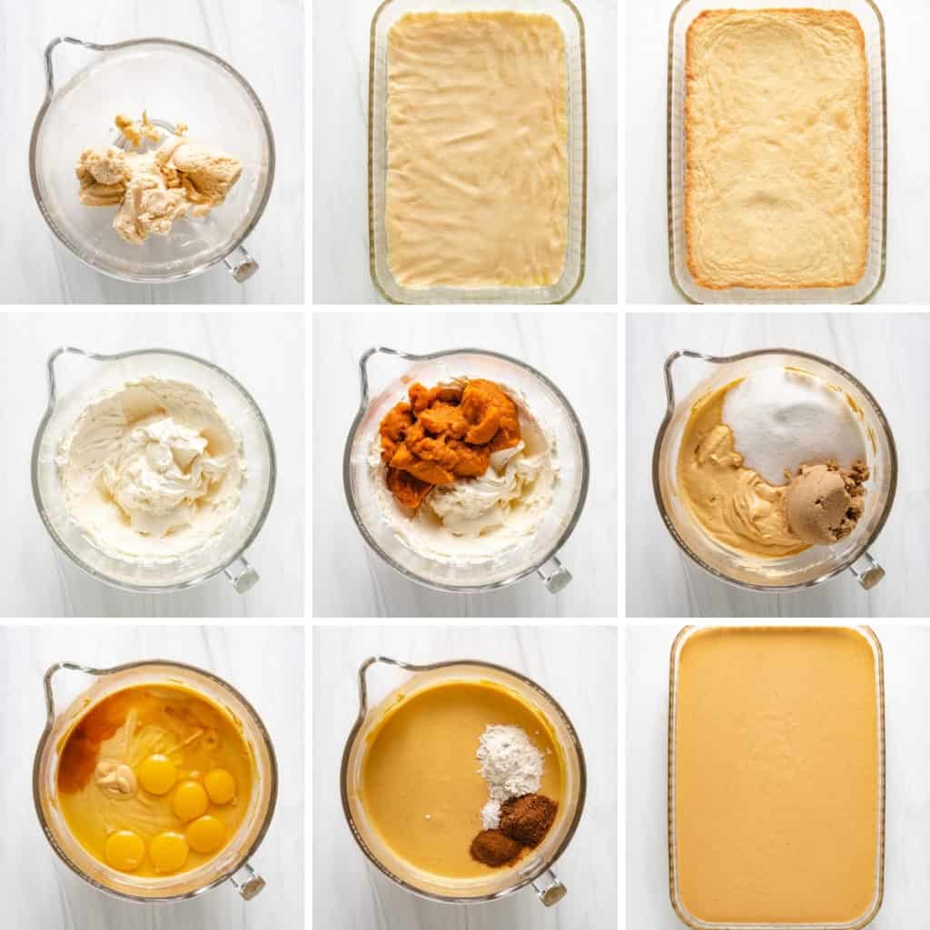 Collage showing how to make pumpkin cheesecake bars.