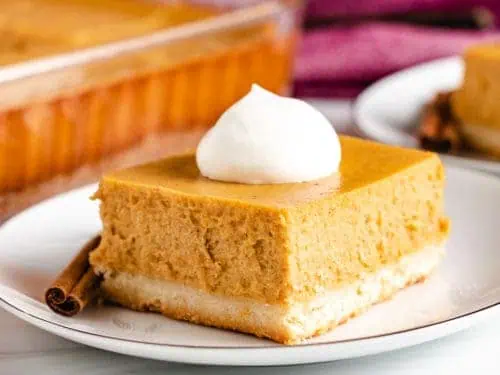 Square piece of pumpkin cheesecake on a plate.