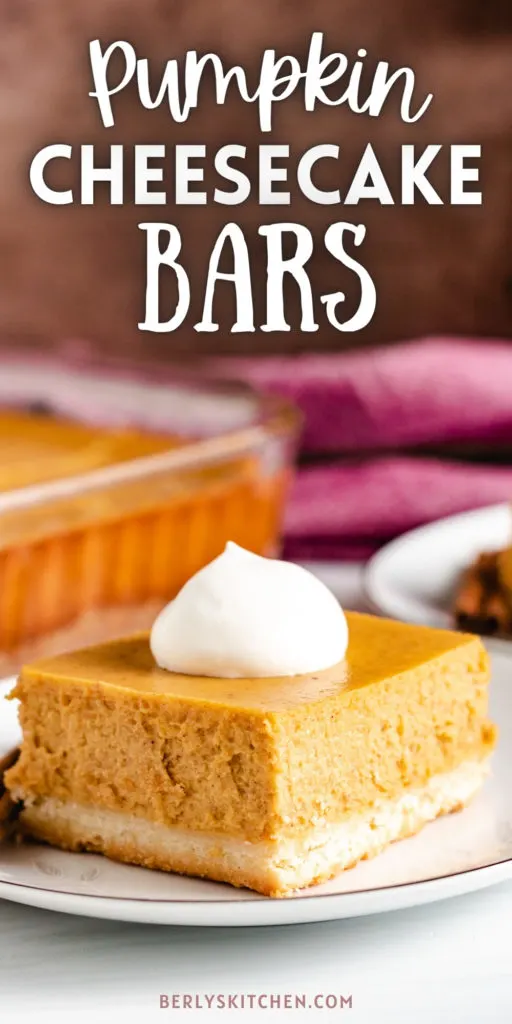 Close up view of pumpkin cheesecake bars on a plate.