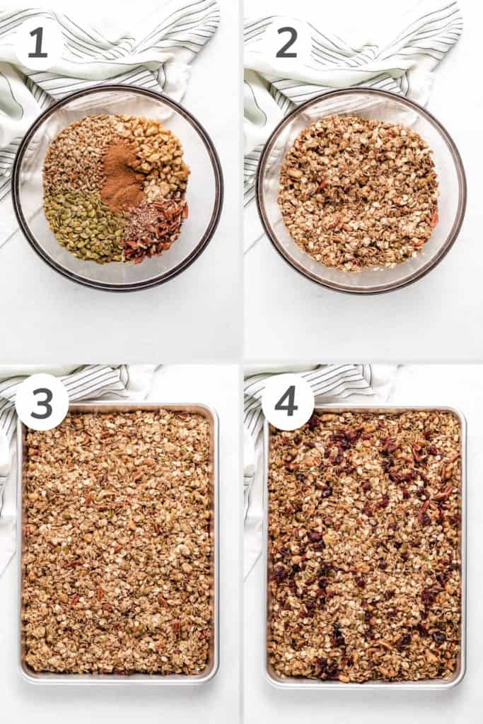 Collage showing how to make pumpkin spice granola.