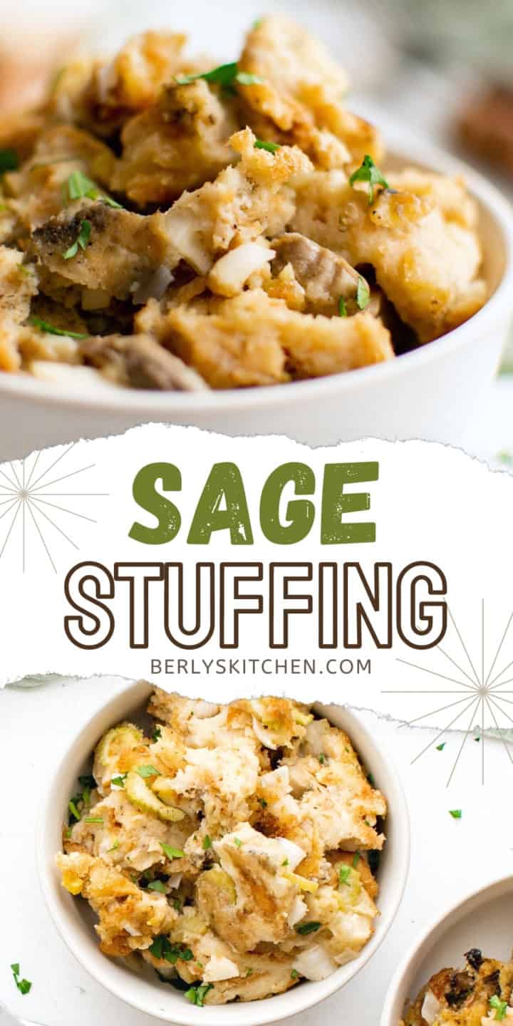 Two close up photos of sage stuffing in a white bowl.