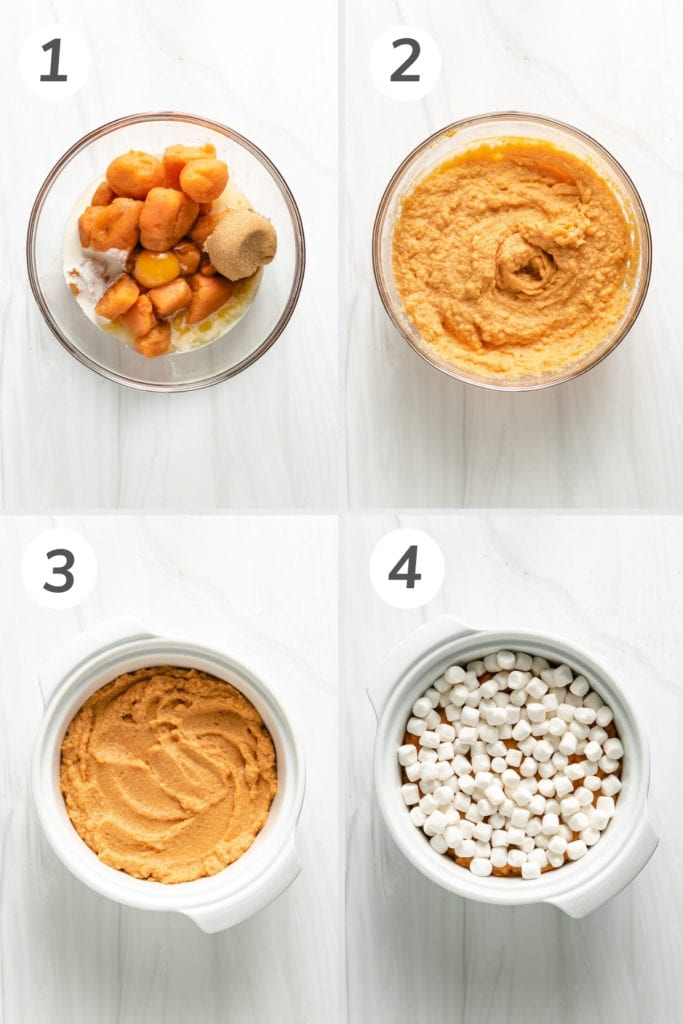 Collage showing how to make sweet potato casserole.