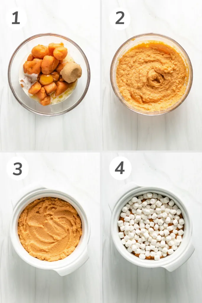 Collage showing how to make sweet potato casserole.