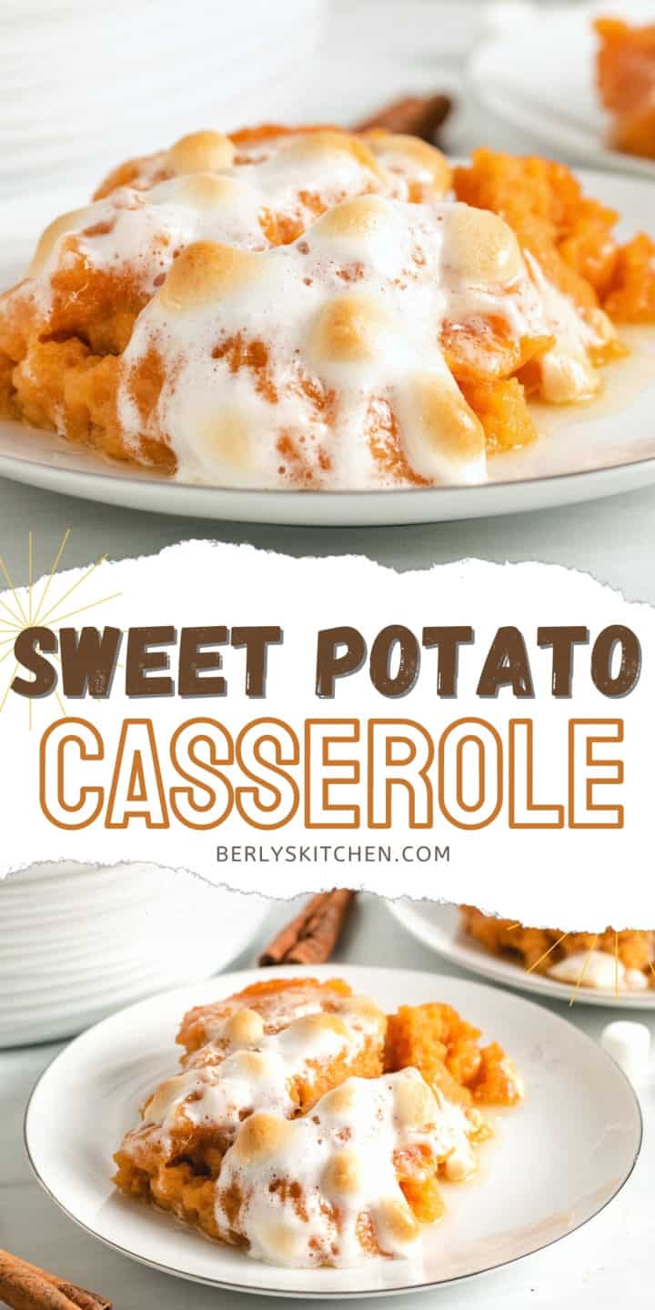 Two photos of sweet potato casserole in a collage.