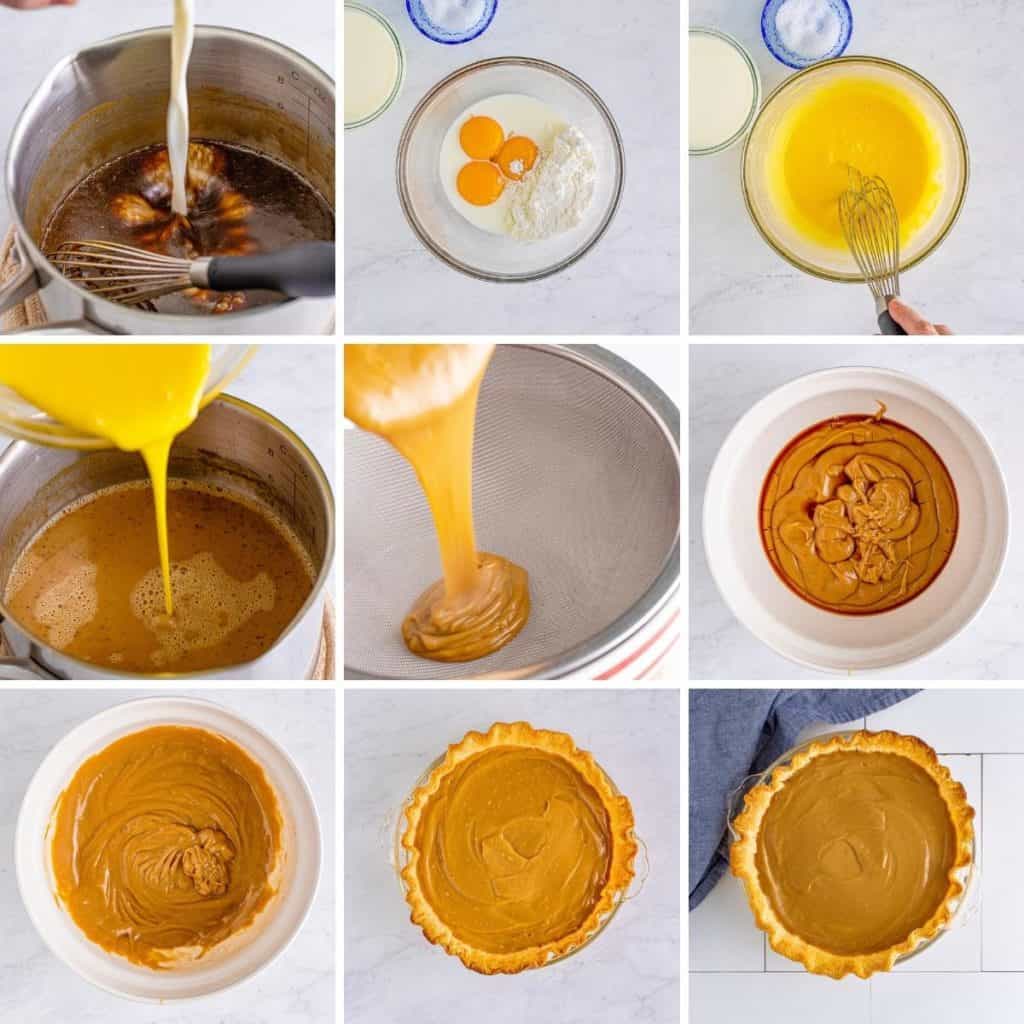 Collage showing how to make butterscotch pie.