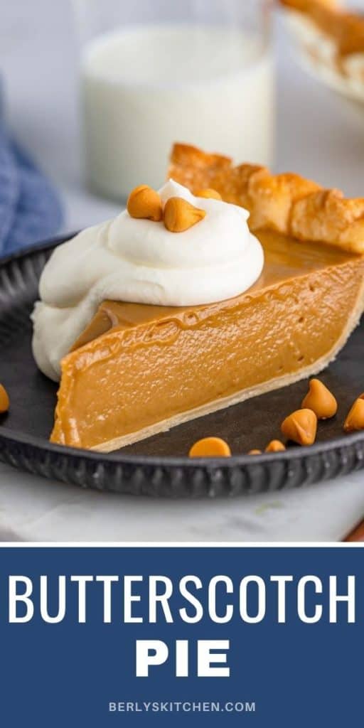 Close up of butterscotch pie on a serving plate.