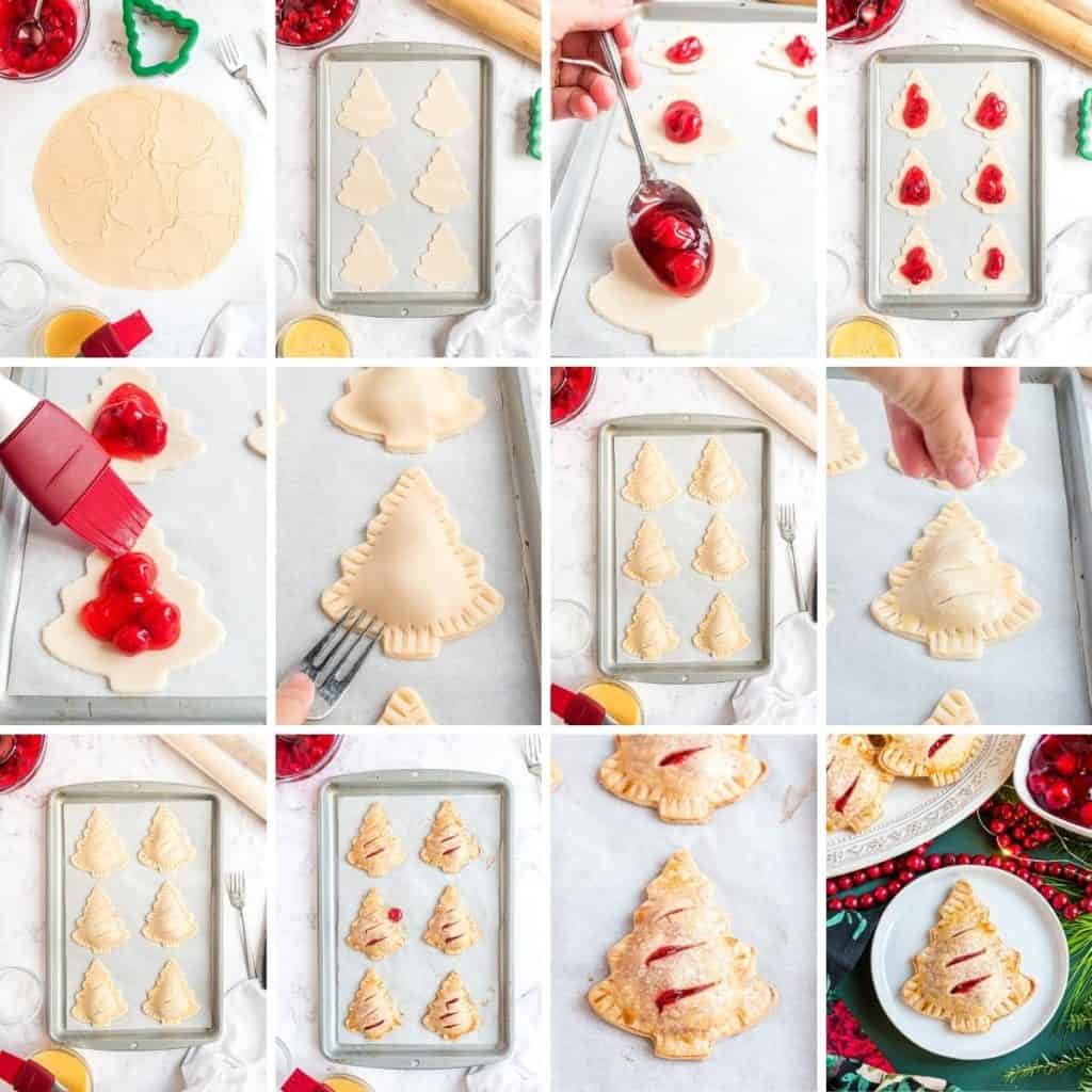 Collage showing how to make cherry hand pies.