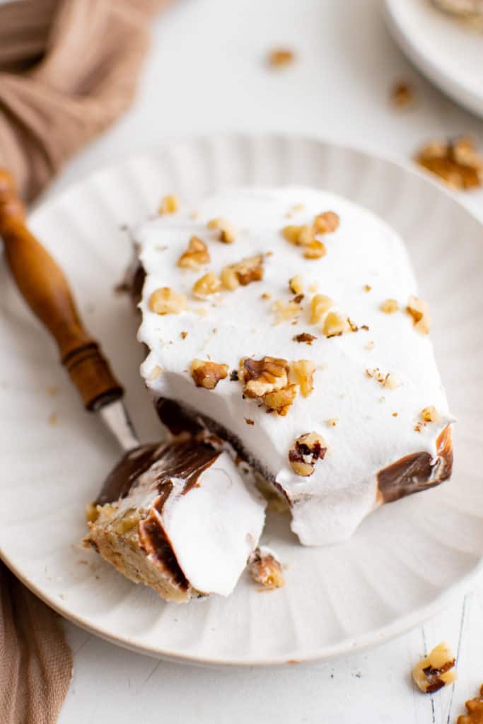 Top down view of chocolate lasagna on a dish.