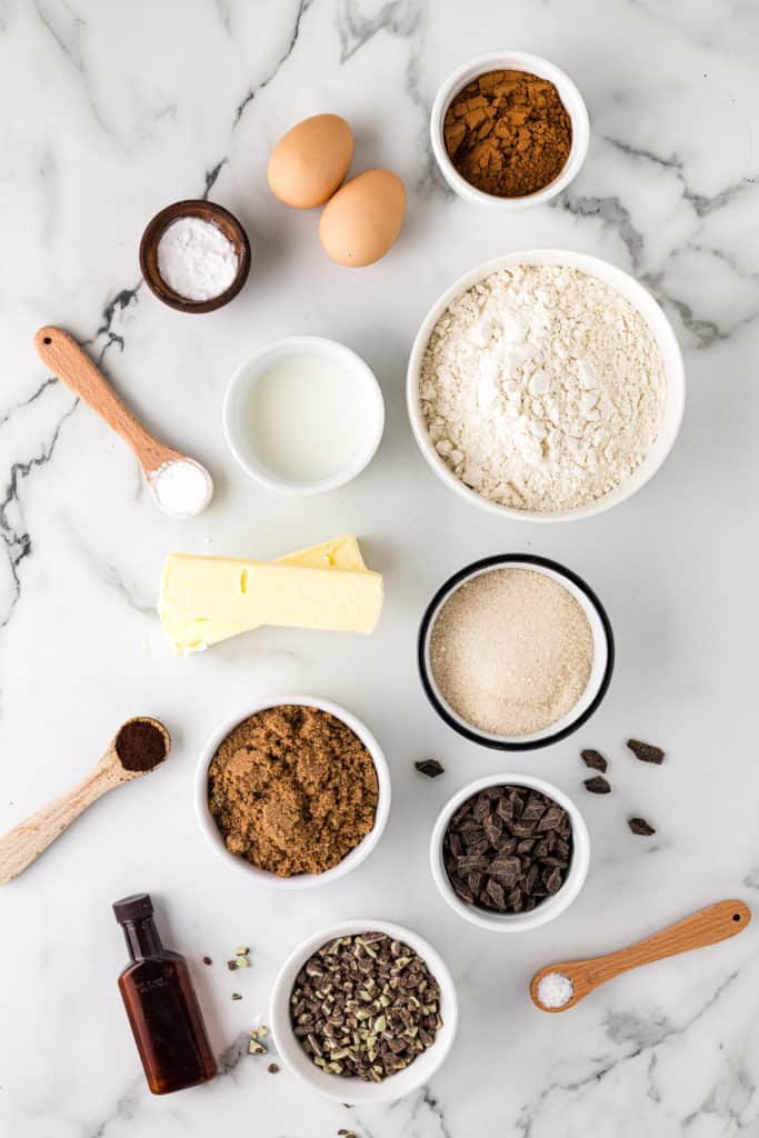 Ingredients needed for chocolate mint cookies.