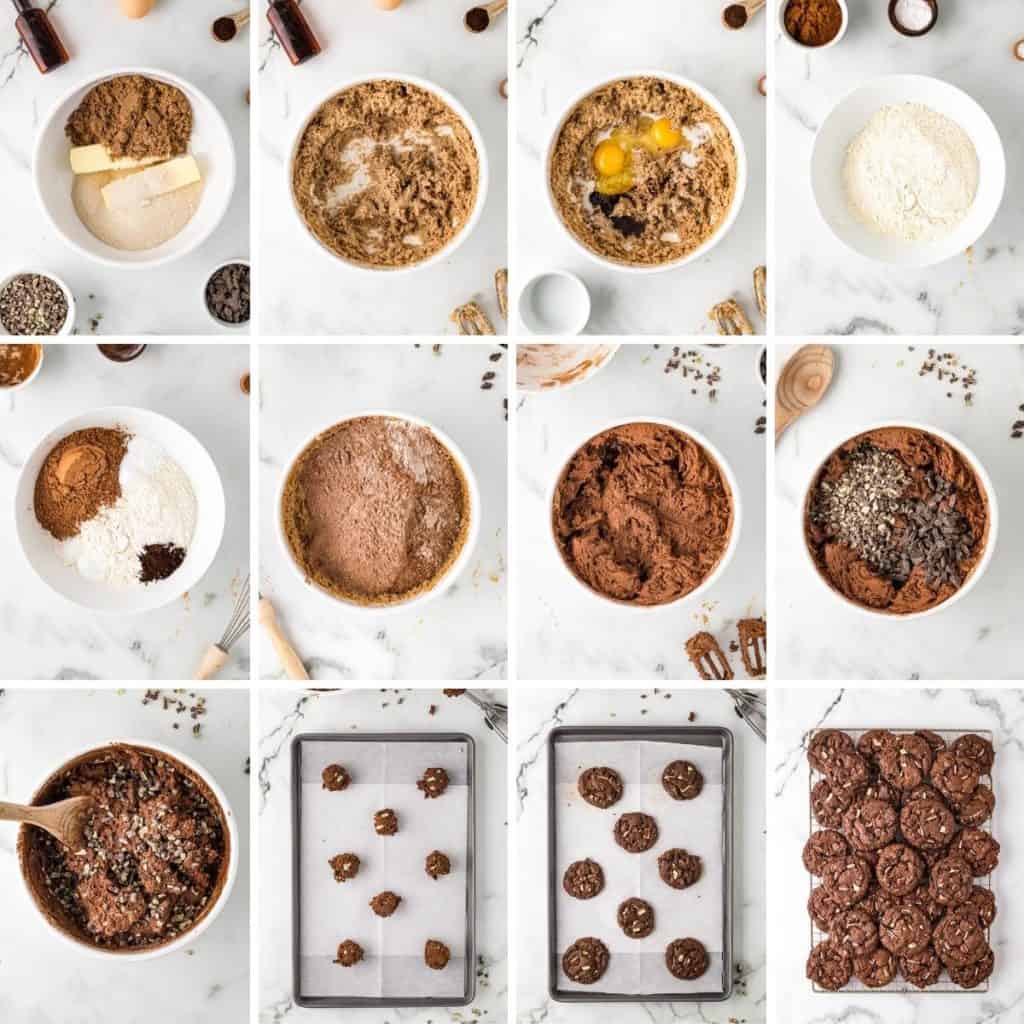 Collage showing how to make chocolate mint cookies.