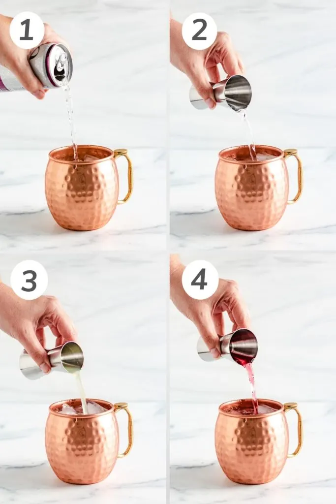Collage showing how to make a cranberry moscow mule.