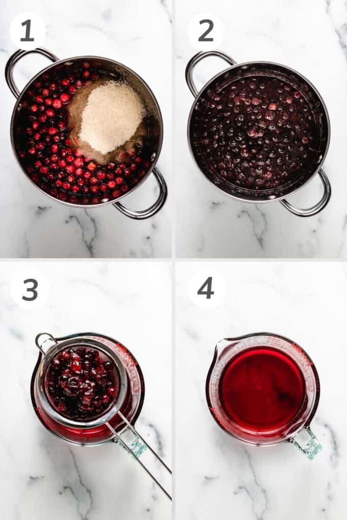 Collage showing how to make cranberry simple syrup.