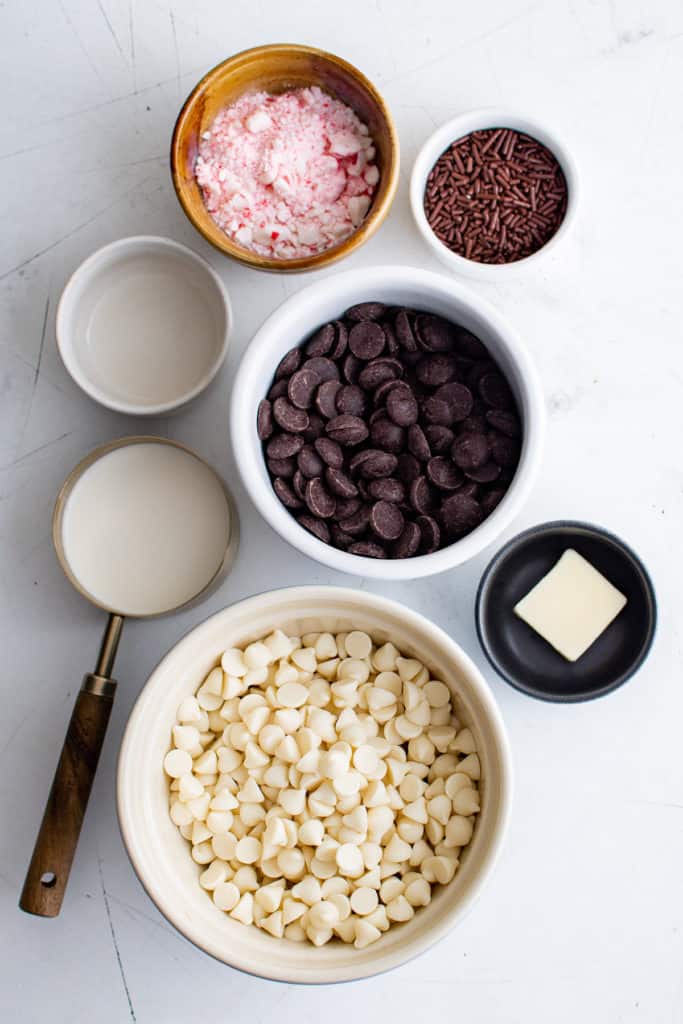 Top down view of ingredients needed for peppermint truffles.