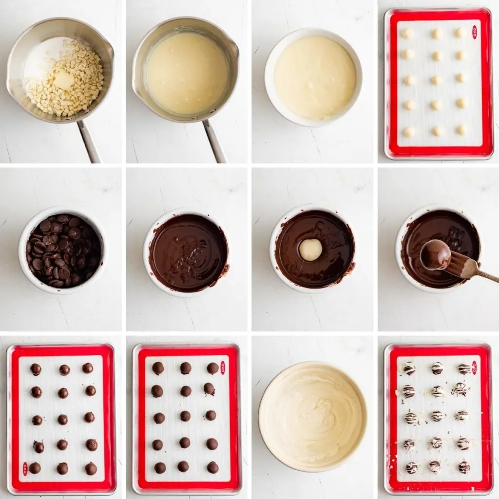 Collage showing how to make peppermint truffles.
