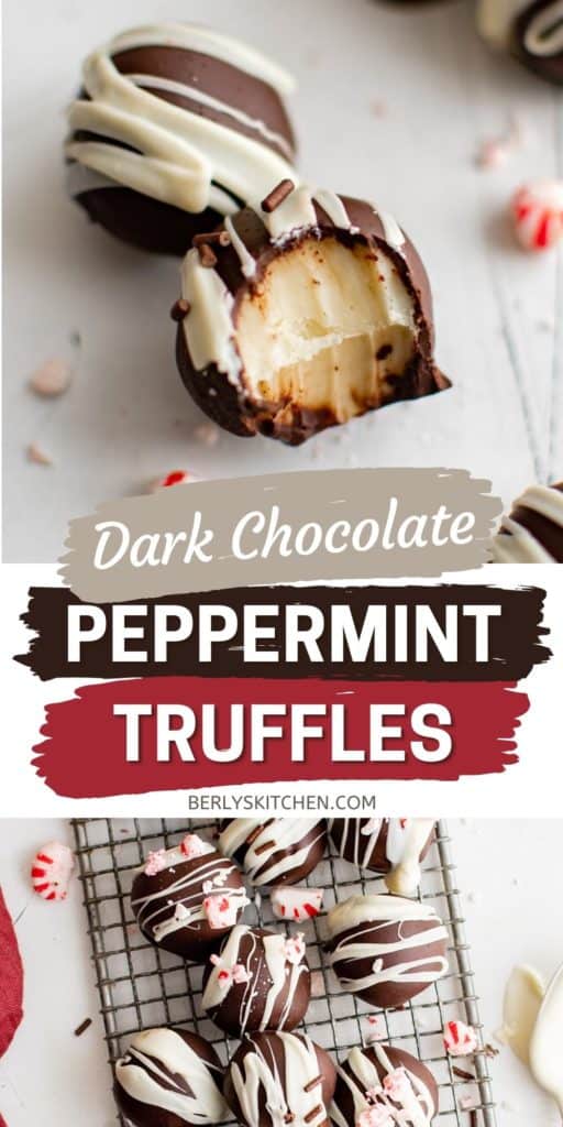 Collage of two photos of peppermint truffles.
