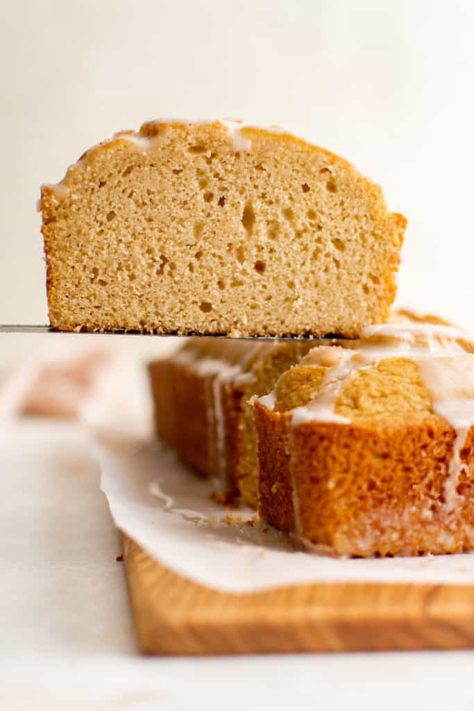 Piece of eggnog bread on a spatula.