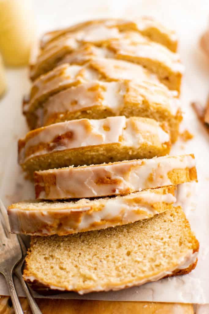 Sliced eggnog bread on a platter.