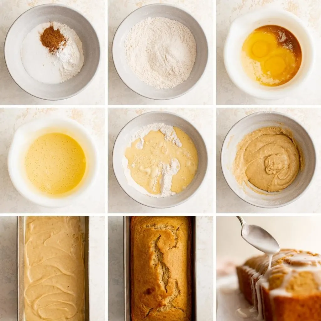 Collage showing how to make eggnog bread.