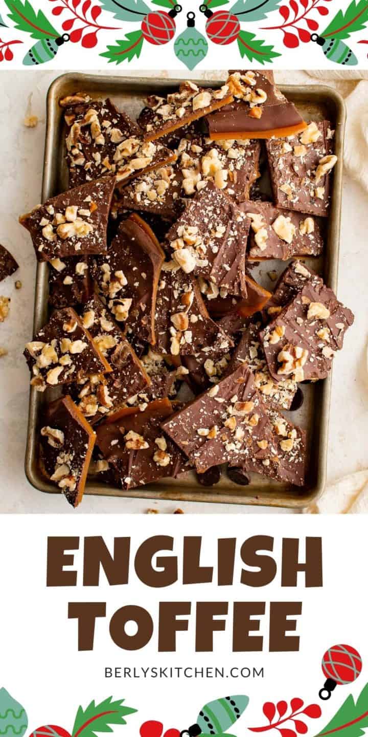 Batch of English toffee with nuts on a baking sheet.