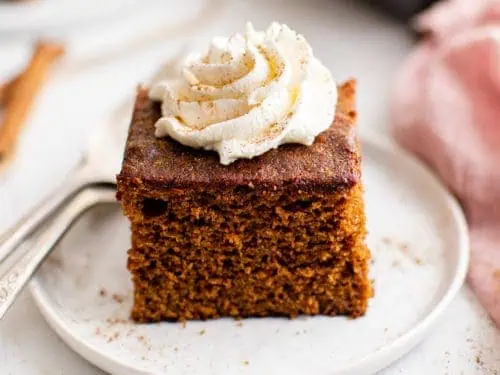Slice of gingerbread cake on a plate.