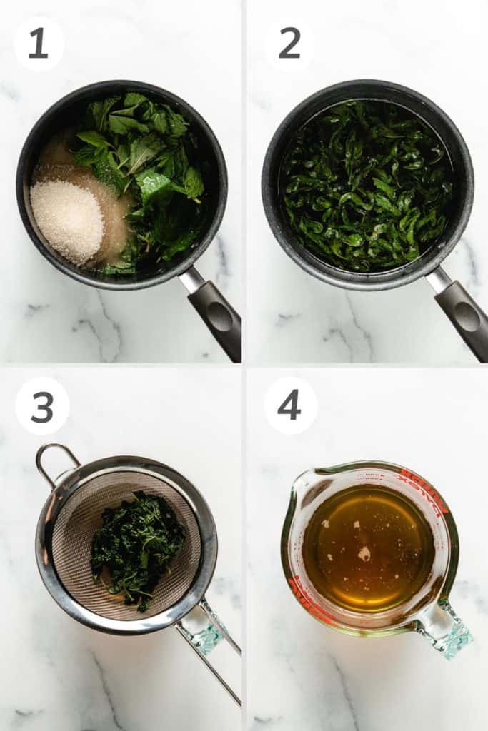 Collage showing how to make mint simple syrup.