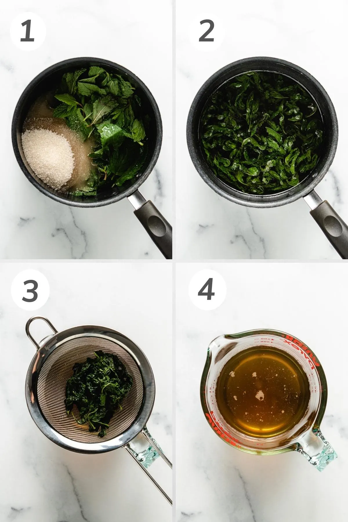 Collage showing how to make mint simple syrup.