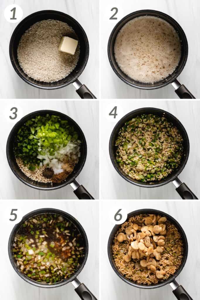Collage showing how to make mushroom rice.
