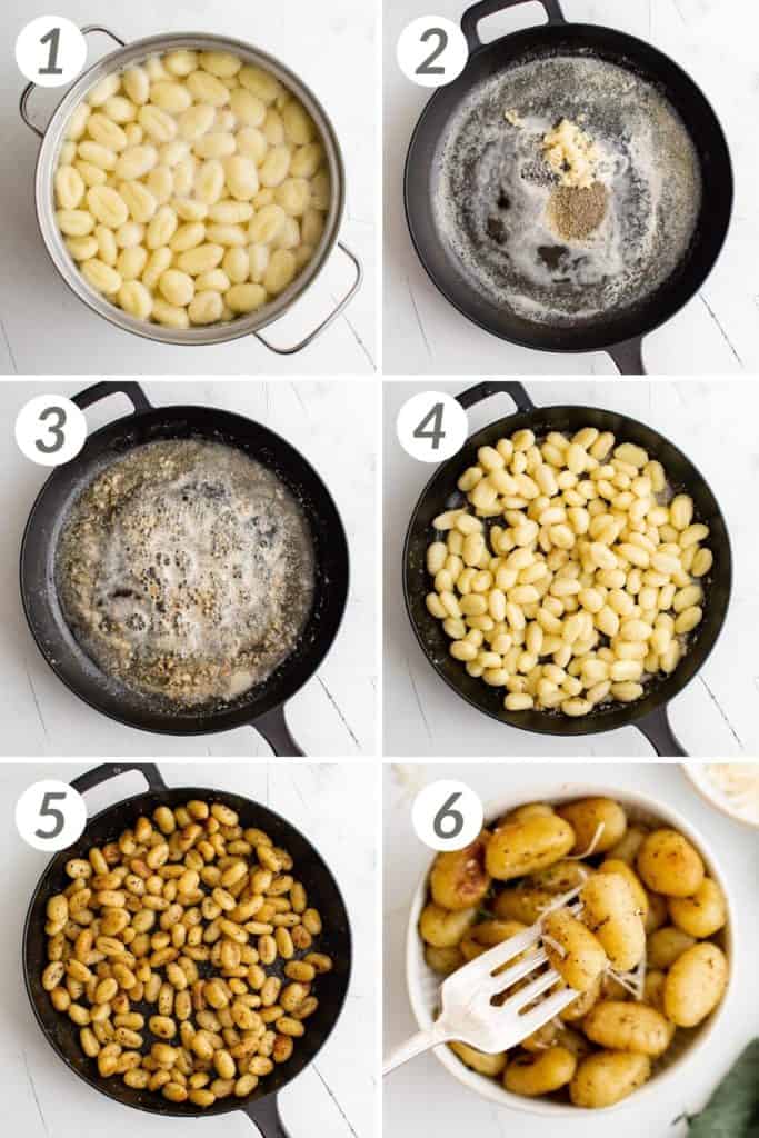 Collage showing how to make pan fried gnocchi.