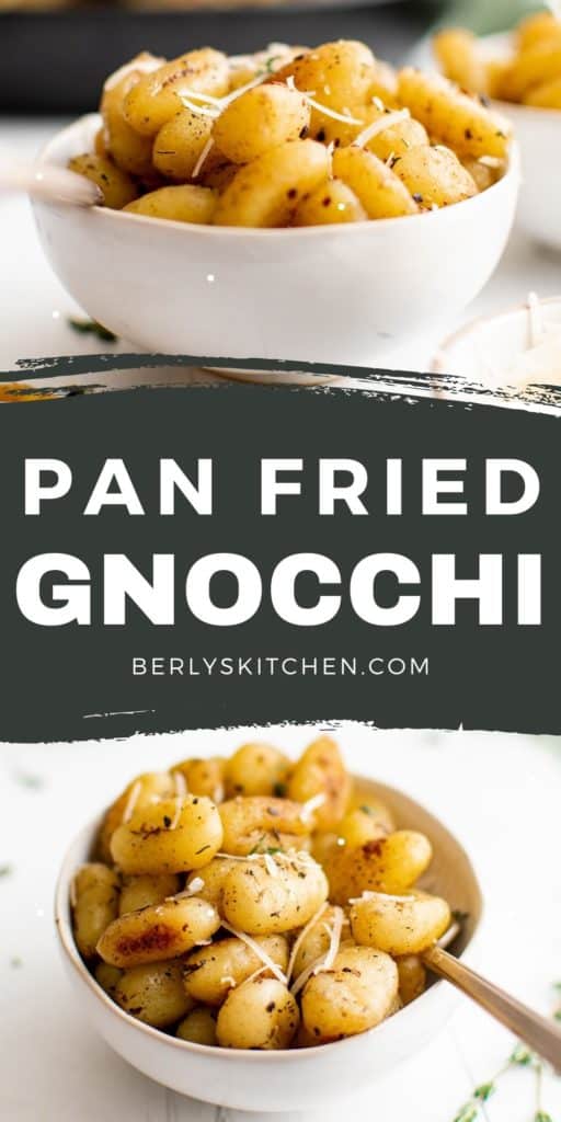 Two photos of pan fried gnocchi in a collage.