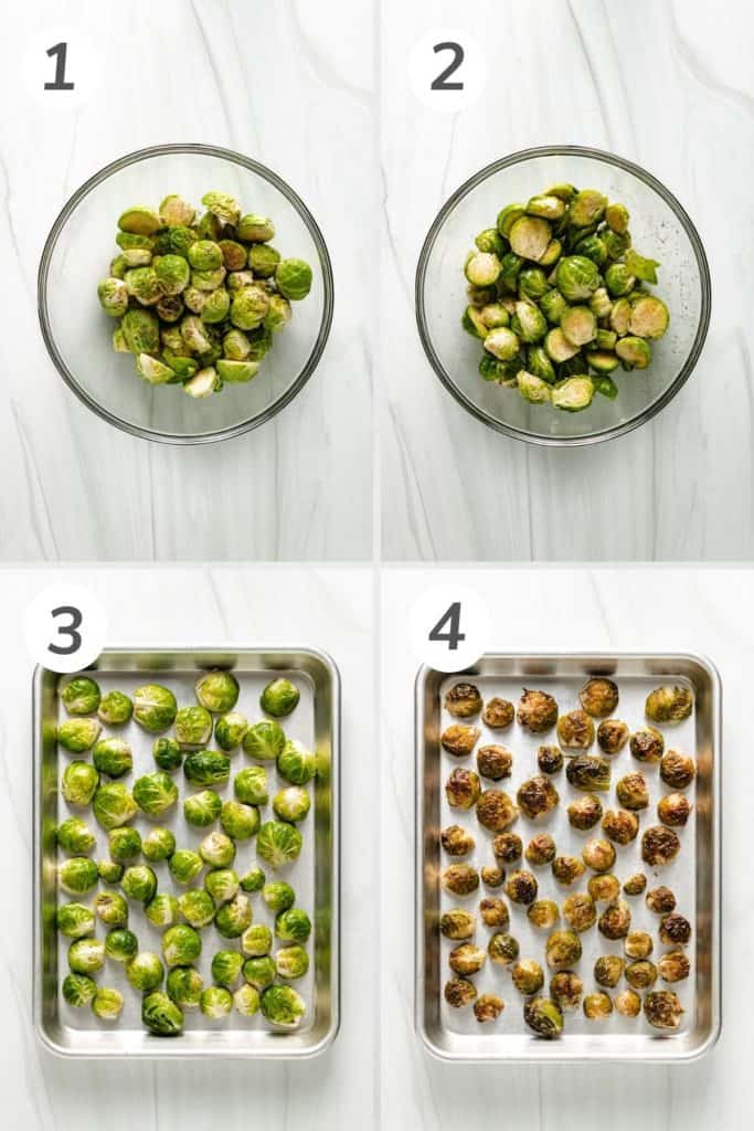 Collage showing how to make brussel sprouts.