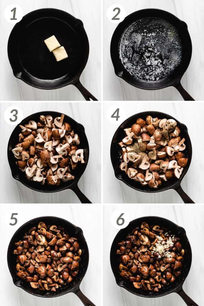 Collage showing how to make sauteed mushrooms.