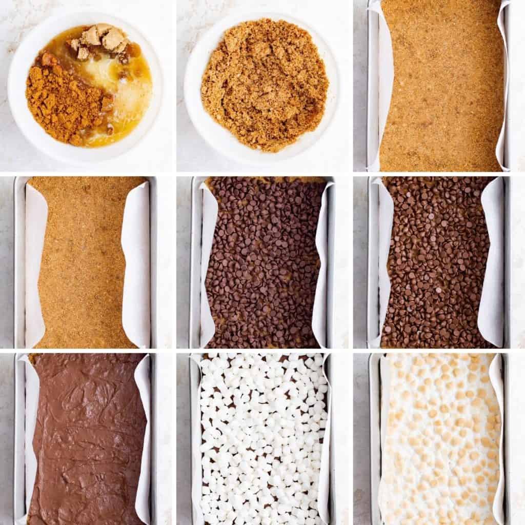 Collage showing how to make s'mores bars.