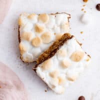 Chocolate marshmallow s'mores bars leaned against each other.