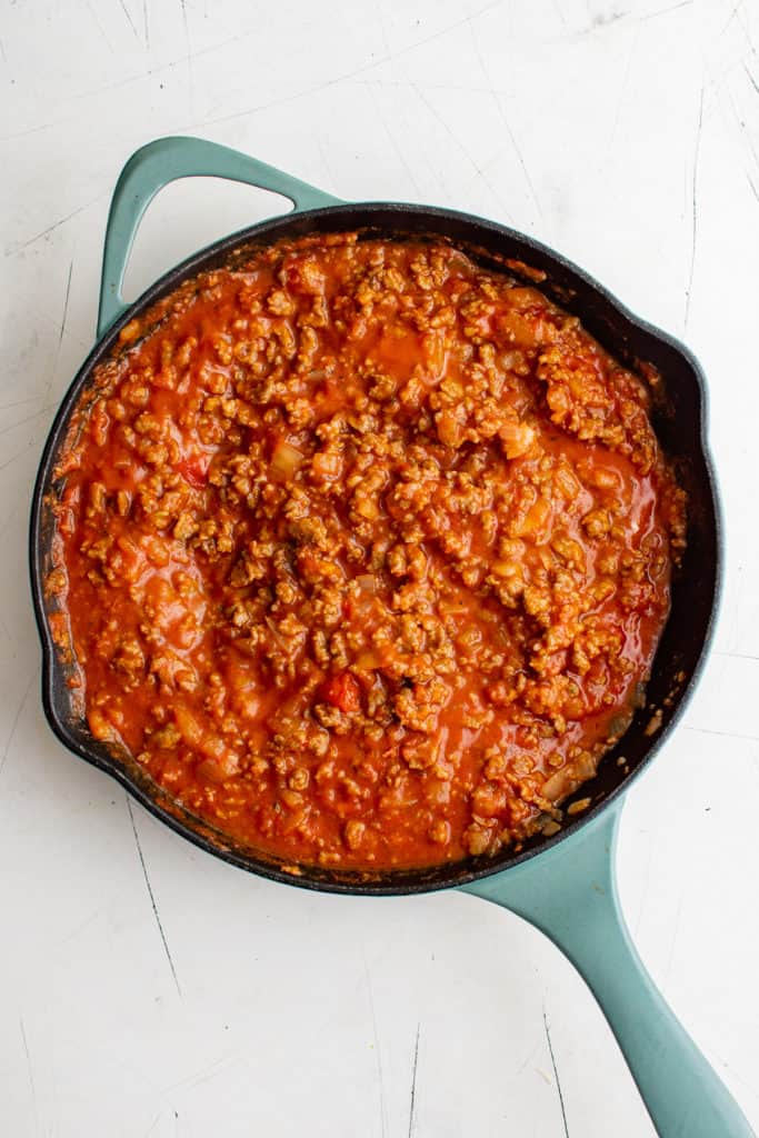 Meat sauce in a pan.