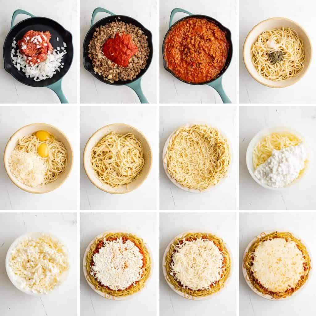Collage showing how to make spaghetti pie.