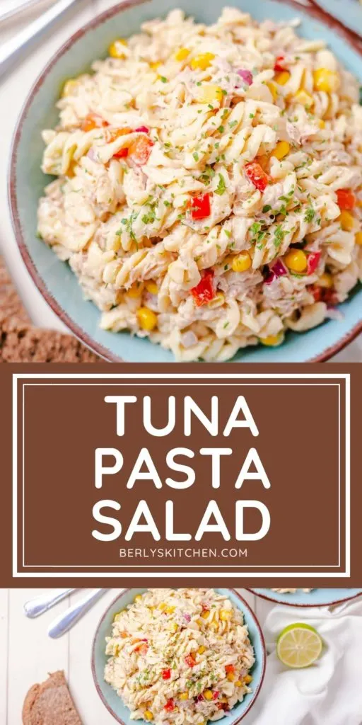 Close up view of a bowl of tuna pasta salad.