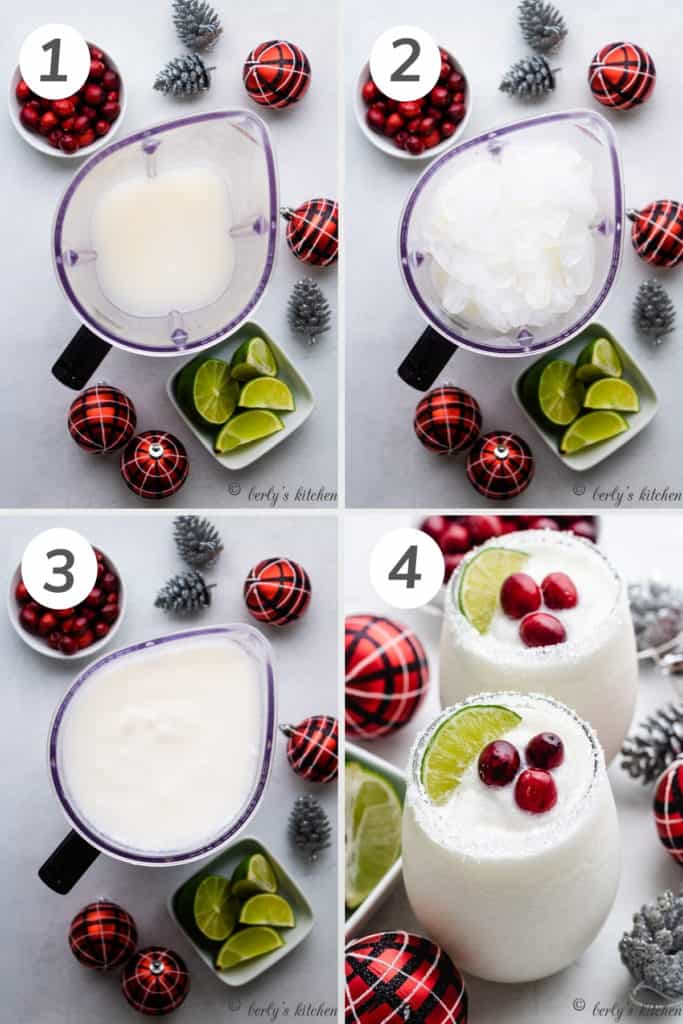 Collage showing how to make a white christmas margarita.