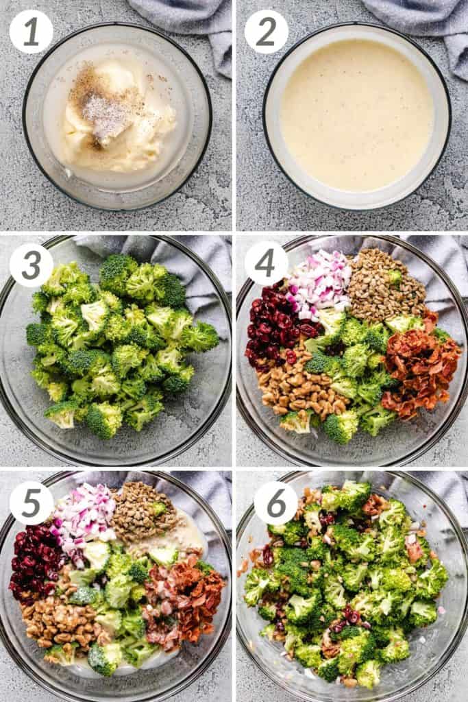 Collage showing how to make broccoli bacon salad.